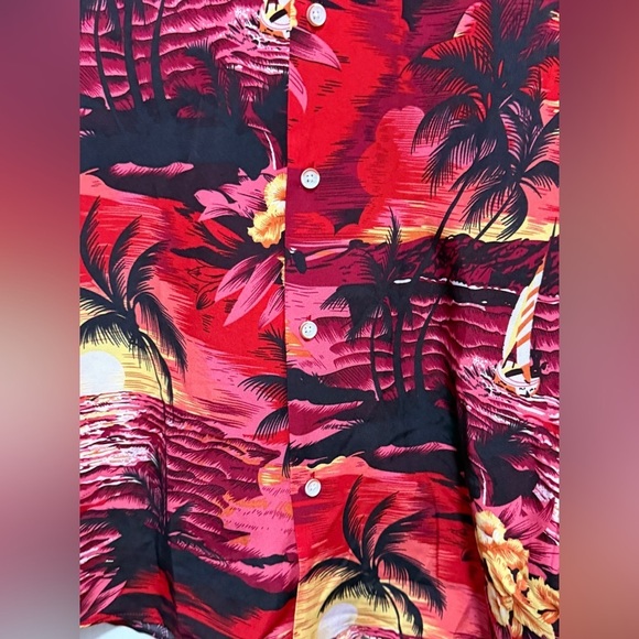 Hawaiian vacation button down Shirt mens L blouse red sunset Hawaii island beach - Picture 15 of 15